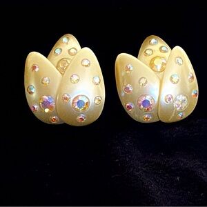 Vintage Clip-on Celluloid Earrings with Aurora Borealis Rhinestones